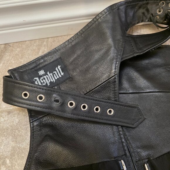 Vintage asphalt black zipper Leather Motorcycle Biker Chaps Mens XXL - Picture 9 of 16